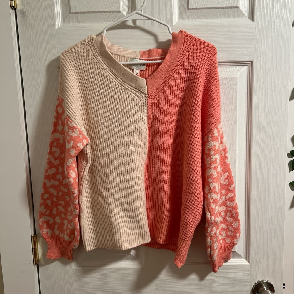 Colorblock Sweater with Cheetah Print Sleeves